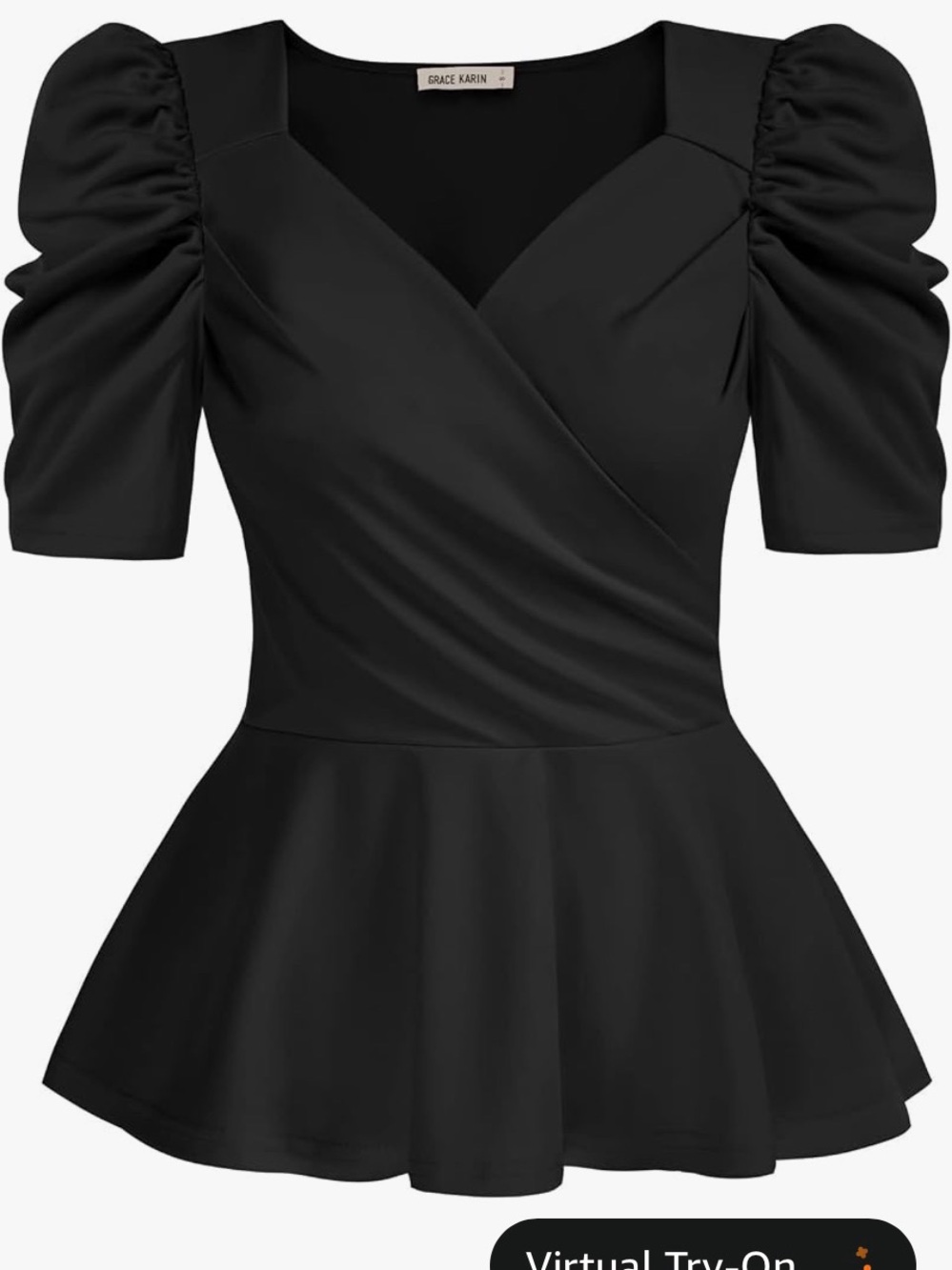Grace Karin Black V-Neck Puff Sleeve Peplum Top